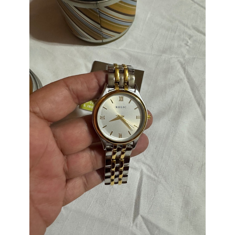 Relic Two Tone Stainless Steel Watch Silver Gold Roman Numeral PRP050 with Tin